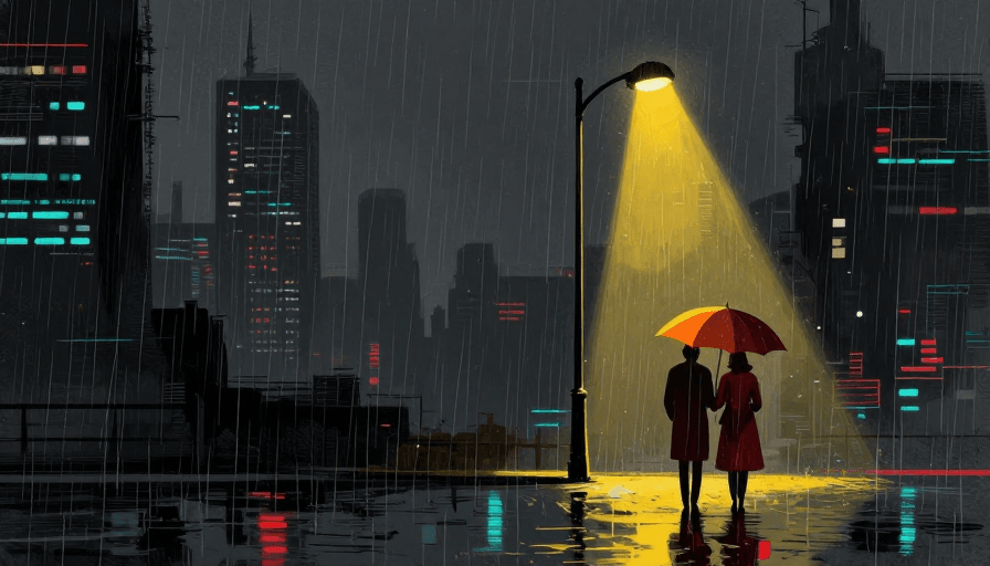 孤独氛围素材：赛博雨夜：霓虹光影下的孤寂都市街景