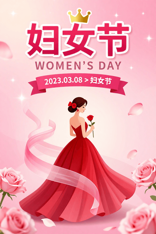 插画设计素材：粉色梦幻妇女节艺术海报：优雅与力量绽放