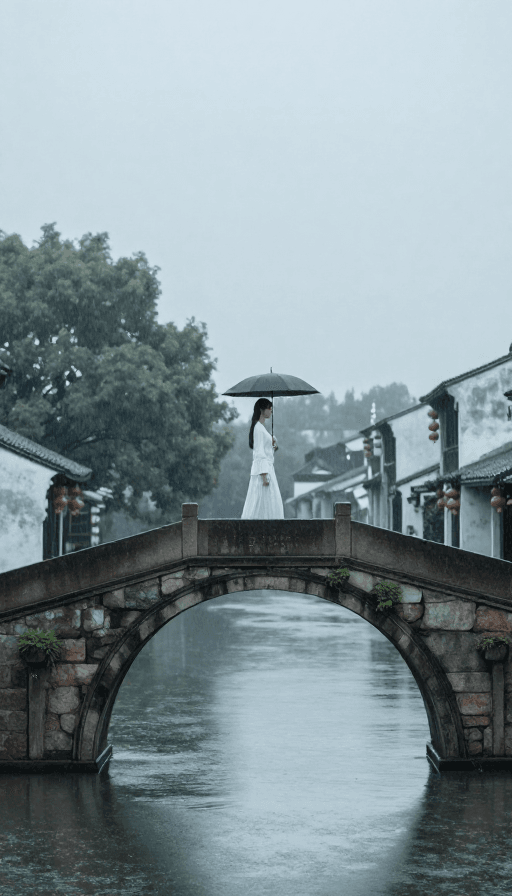 朦胧意境素材：烟雨江南：撑伞过桥的女子背影