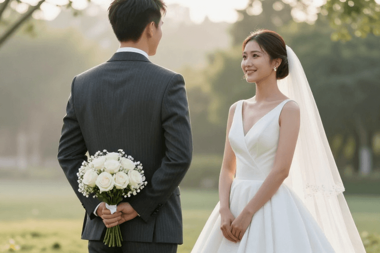 柔光逆光素材：金辉晨雾婚礼：新郎背影与新娘微笑的瞬间