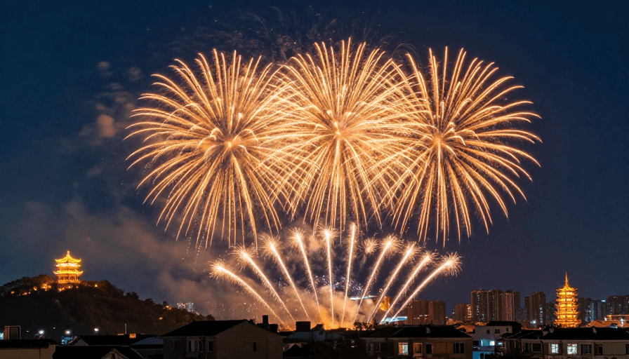 烟花绽放素材：橙焰璀璨：城市夜空烟花盛宴