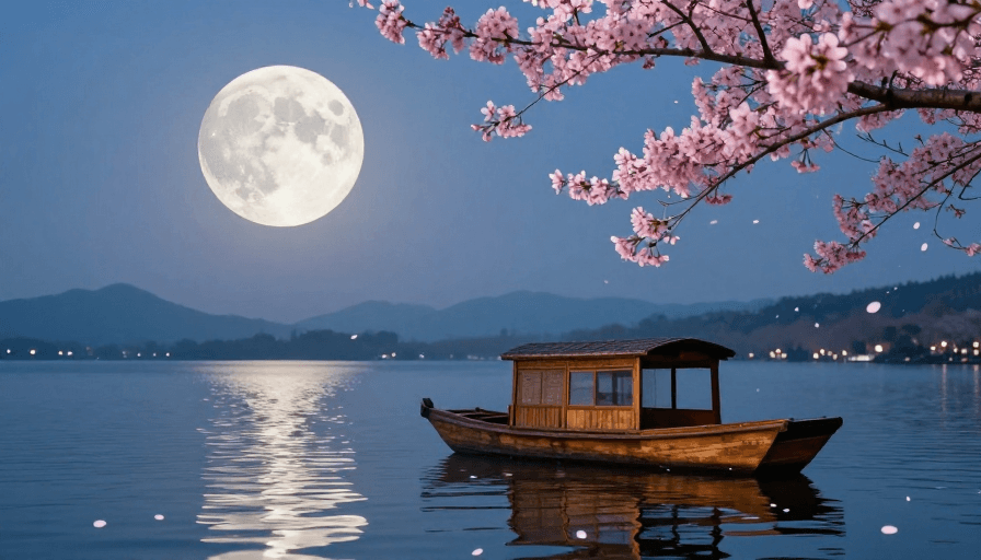 静谧夜景素材：月映樱船：东方静谧夜湖的诗意画卷