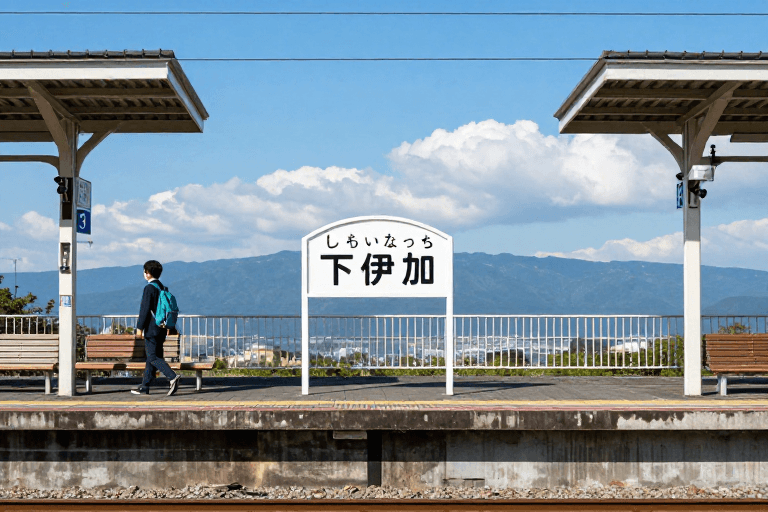 旅游宣传素材：日本下伊那车站静谧午后：蓝白光影下的旅途初章