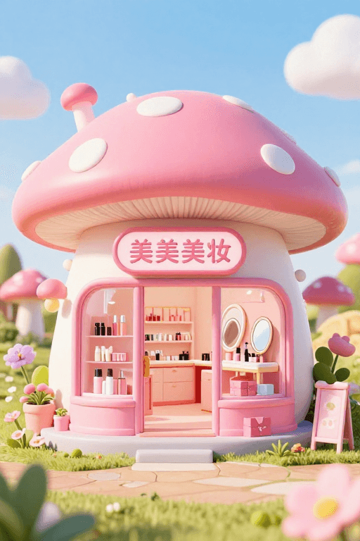 室内陈列素材：英式田园粉红蘑菇美妆店：3D梦幻微缩景观
