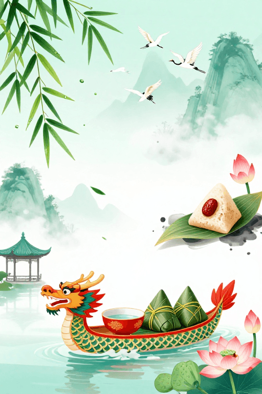 端午节素材：水墨晕染端午国风插画：粽香龙舟庆佳节