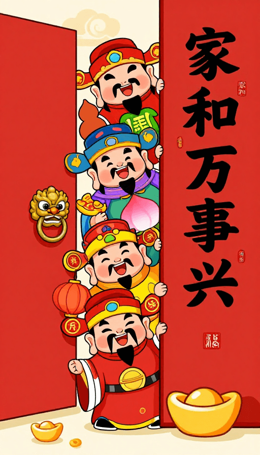 吉祥物设计素材：五路财神Q版国风插画：家和万事兴的吉祥祝福