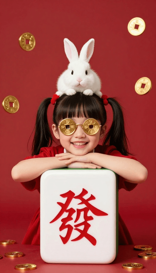 白兔萌宠素材：财运萌趣：红包麻将兔的喜庆财富插画