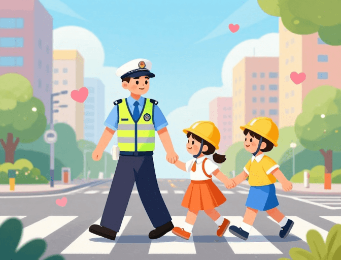 公益海报素材：守护童心 安全同行：温馨交通协管员护航插画