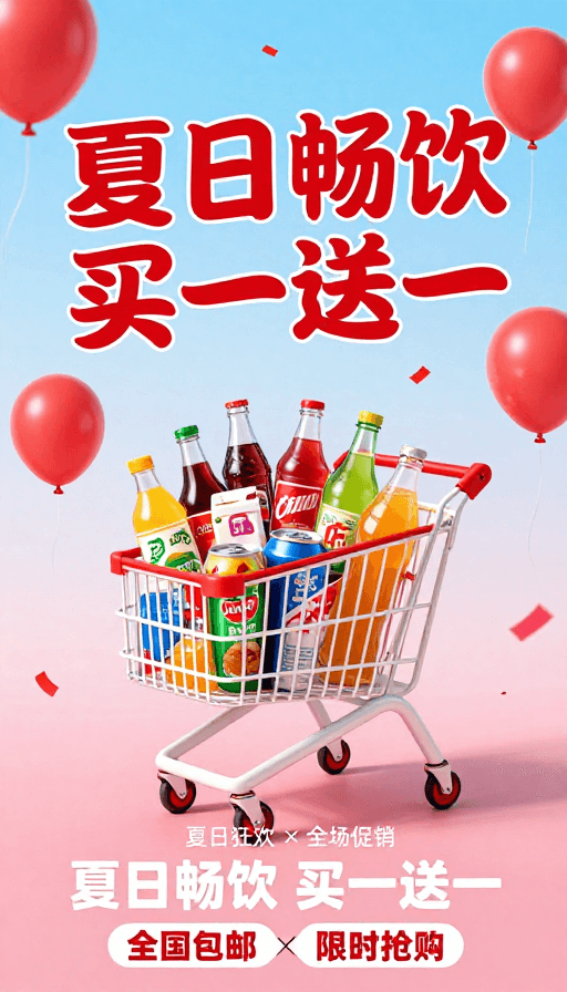 蓝色渐变素材：夏日清凉促销：买一送一狂欢购