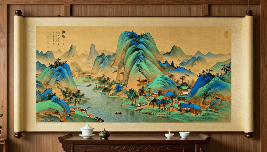 商业级摄影素材：青绿山水卷轴：古典意境与雅致室内展示