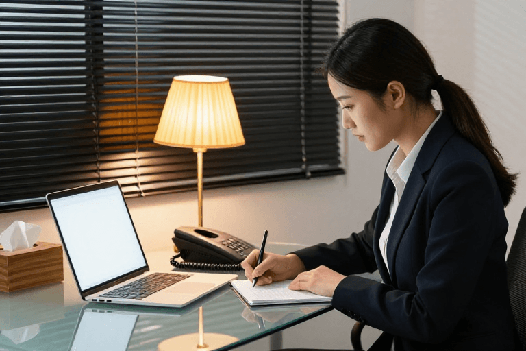 商务摄影素材：专注职场女性：暖光下的专业书写时刻