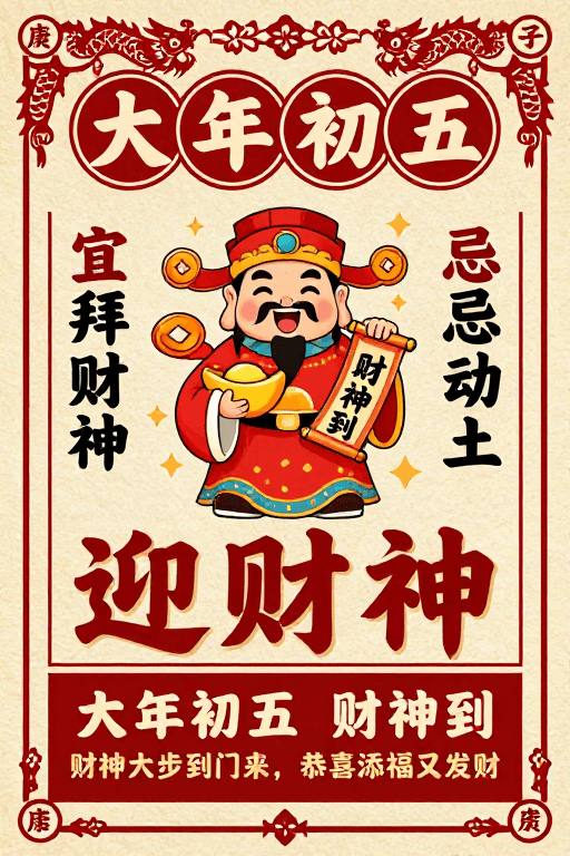 春节素材：复古中国风春节财神海报，喜庆吉祥迎财神