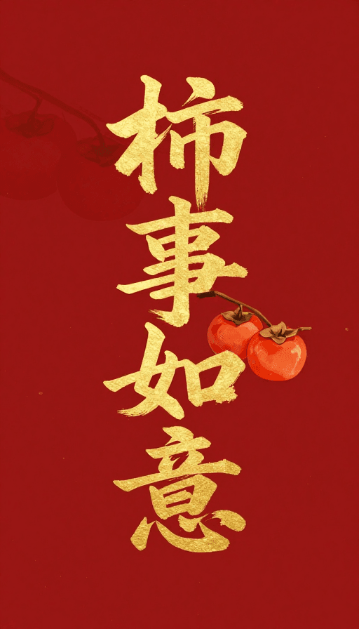 金箔质感素材：金箔‘柿事如意’毛笔字红色极简插画