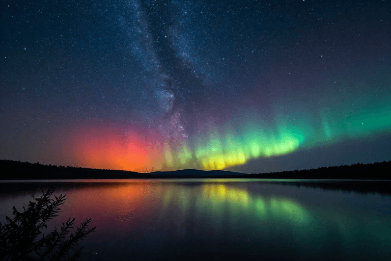 天文科普素材：静谧夜空：繁星与极光下的深蓝湖泊