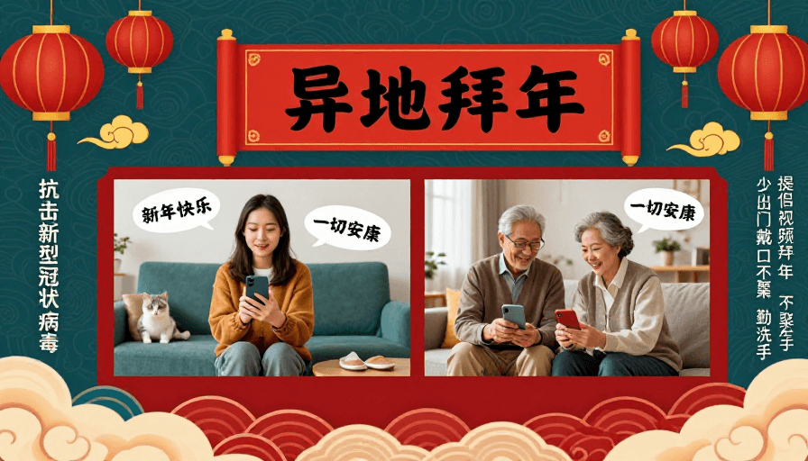 公益宣传素材：中国风新年公益海报：异地拜年与防疫宣传