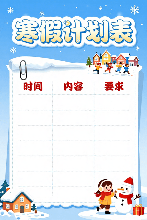 冬季主题素材：冬日清新冰雪风寒假计划表海报