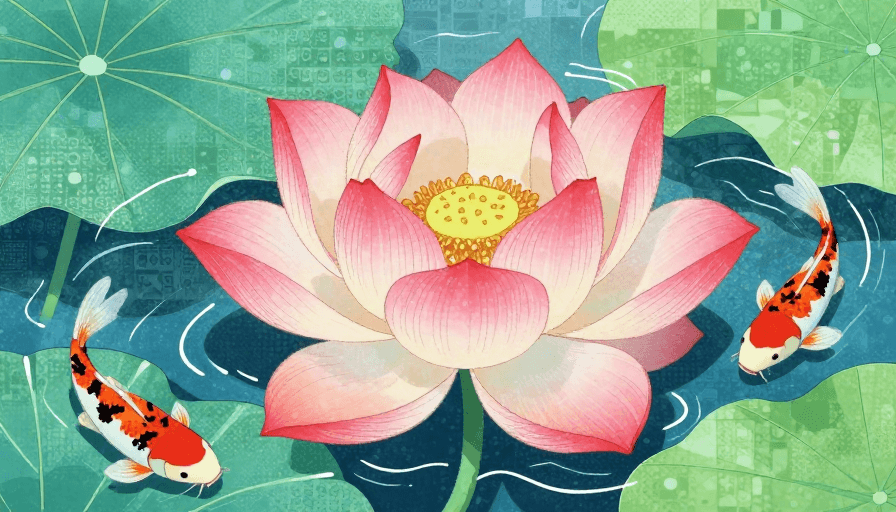 赛璐璐动画素材：赛璐璐动画风荷花池：高饱和渐变与锦鲤光效
