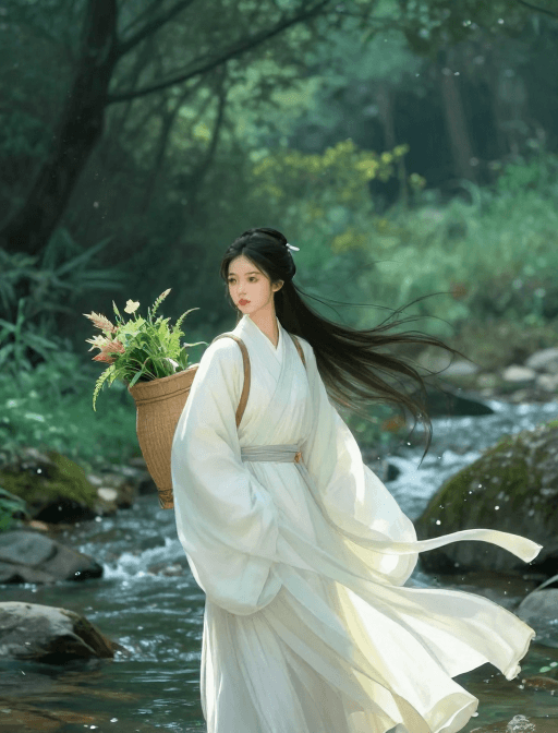 古风素材：古韵白衣背影：水墨山水间的诗意瞬间