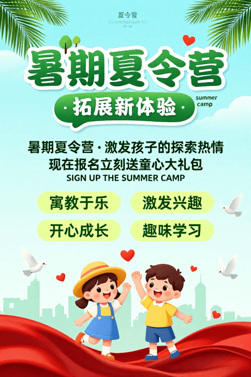 儿童活动素材：清新童趣：活力暑期夏令营海报