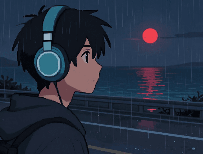 像素风插画素材：像素雨夜：孤独少年守望红月