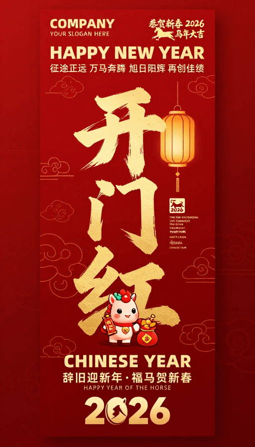 中国风海报素材：2026马年开门红：金色祥云红底新春海报