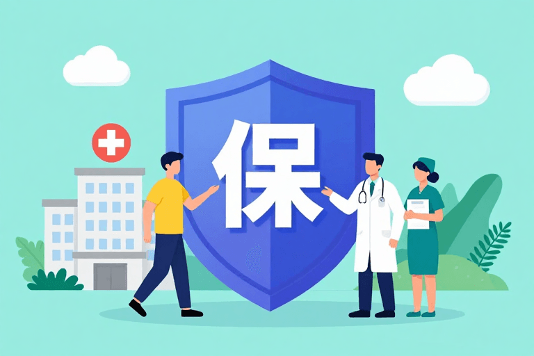 医护形象素材：扁平插画'保'护盾：医护守护健康愿景