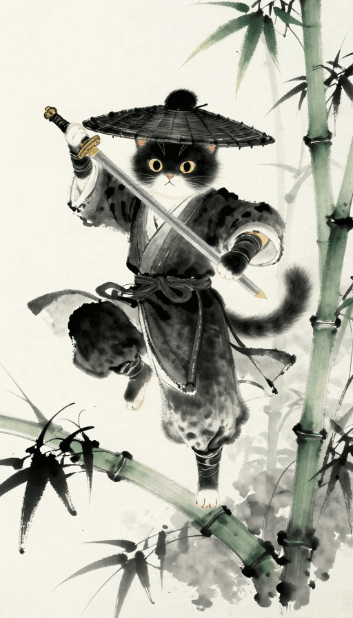 超高清插画素材：墨韵竹影·拟人猫侠士的古风轻功画卷