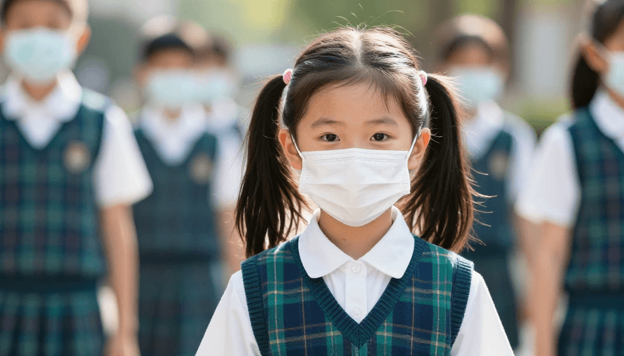 自然光素材：校园防疫：亚洲女童戴口罩的正面特写