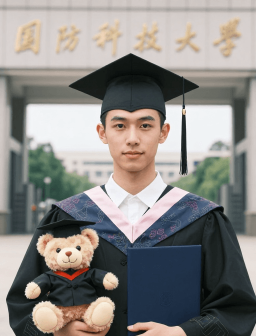 证件照风格素材：国防科大硕士毕业纪实：自信少年与萌熊玩偶定格光影瞬间