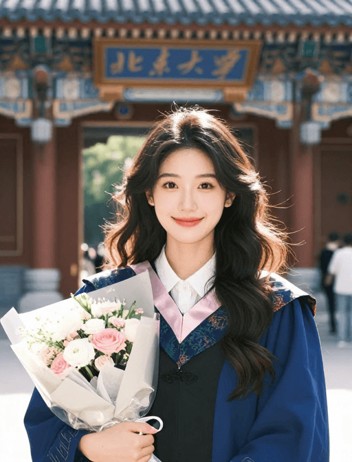 胶片质感素材：逆光下的甜美笑容：北京大学女生毕业照胶片风
