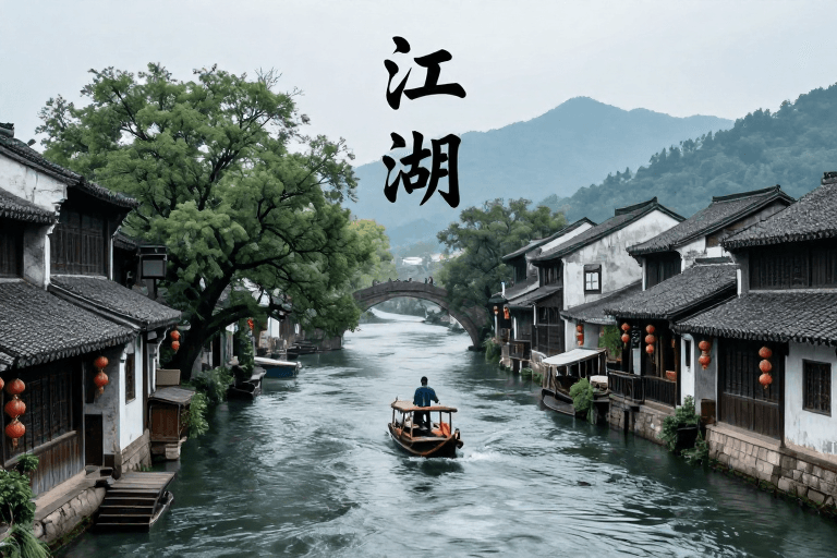 古风素材：水墨江湖风：侠客行舟的武侠意境图