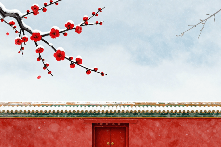 留白设计素材：雪落红梅映古檐：东方水墨意境画卷