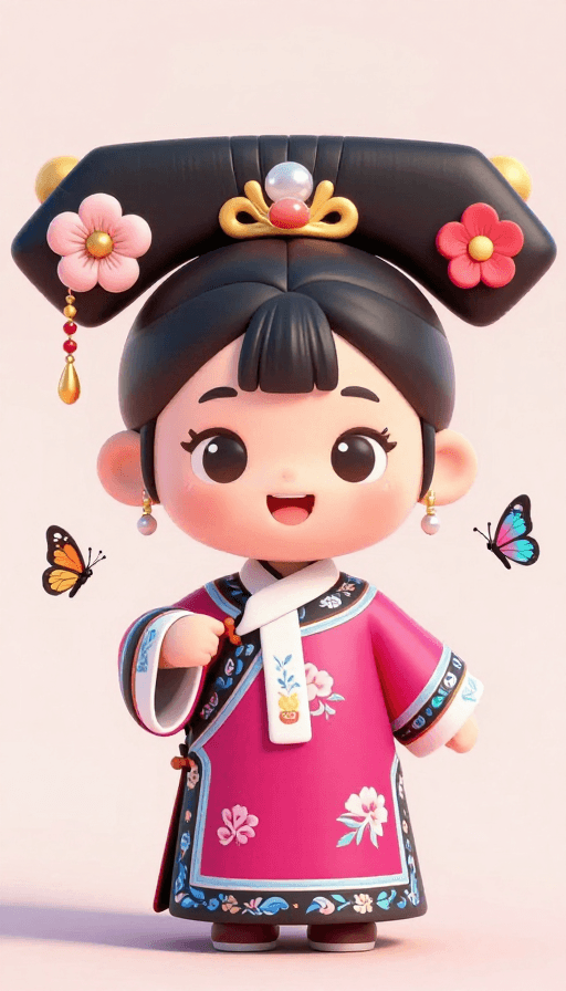 高清肖像素材：萌趣格格：3D卡通玫红旗装嬉蝶高清肖像