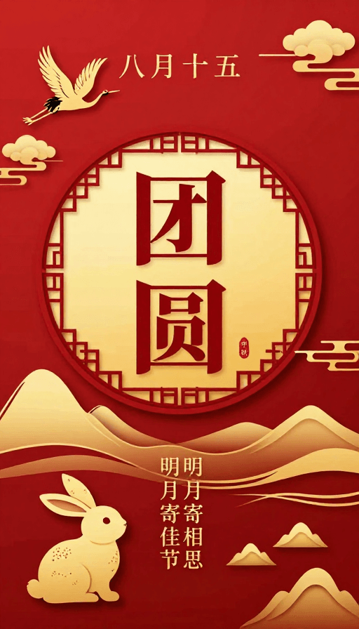 扁平化插画素材：中国风中秋团圆海报：红金喜庆氛围