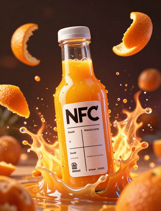 商业产品图素材：橙汁爆破瞬间：高速摄影捕捉NFC标签与果肉飞旋