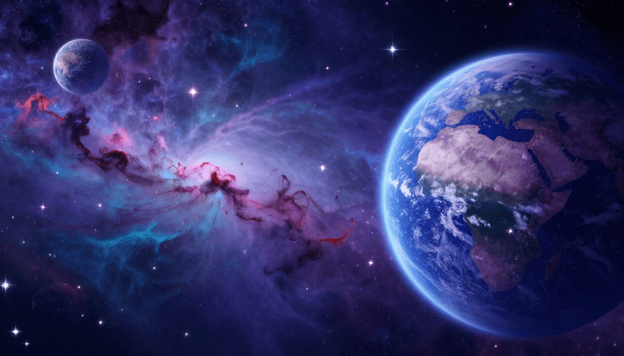 宇宙背景素材：紫蓝星云环绕地球：科幻宇宙的深邃意境
