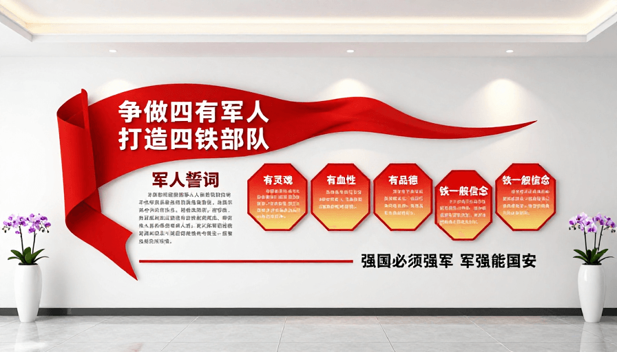 党建宣传素材：现代军人文化墙设计：红色飘带彰显四有精神与铁一般信念