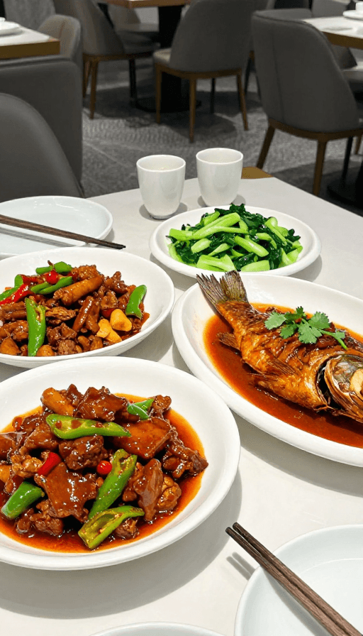 餐桌布置素材：暖色中式餐桌：红烧鱼与白酒的温馨聚餐