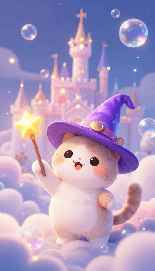 童话插画素材：魔法猫咪云堡奇遇：童话闪光特写