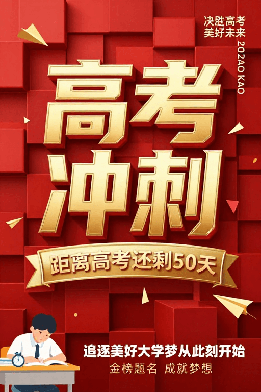 中国红素材：红金立体设计的高考冲刺海报