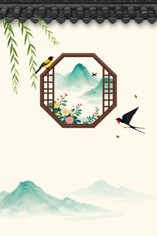 宣纸纹理素材：中国风青绿山水窗景插画，意境悠远