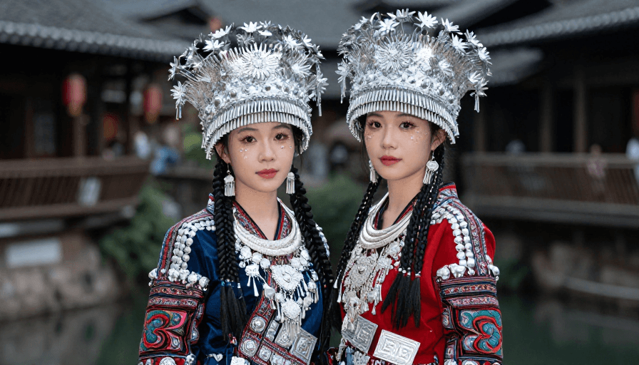 户外拍摄素材：苗族姐妹身着传统服饰展现民族风情