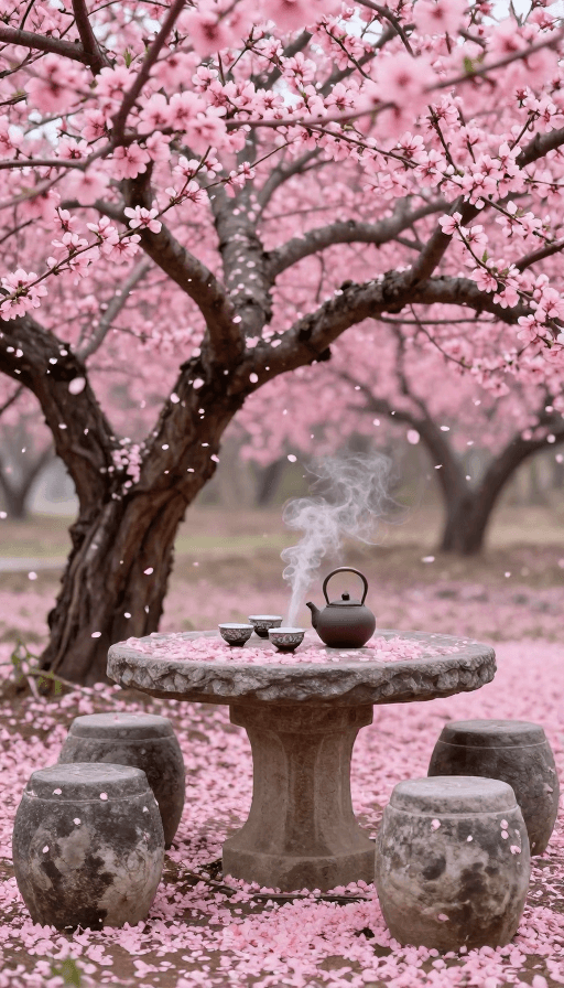 古风场景素材：古韵桃林春景：粉霞石桌静候客