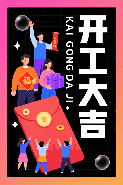 开工大吉素材：霓虹黑底开工大吉插画海报