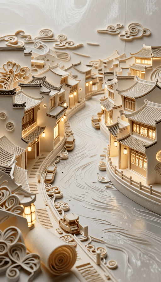 创意背景素材：衍纸微雕：秦淮河畔的超现实秘境