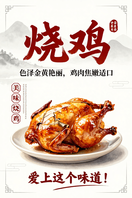 文化传承素材：水墨风中式烧鸡海报，尽显中华美食文化韵味