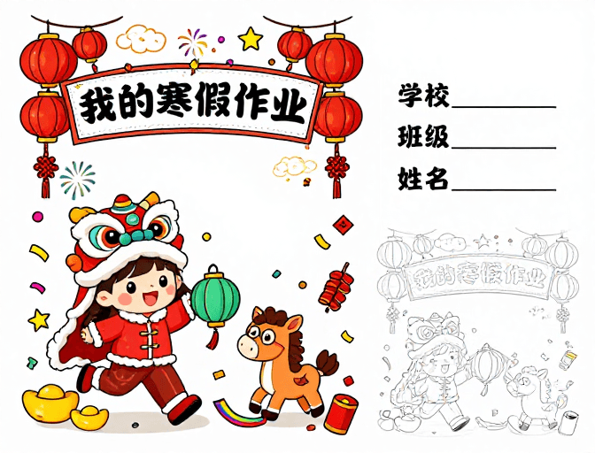 Q版卡通素材：春节童趣寒假作业手绘封面设计