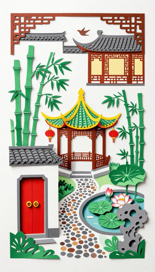 中国传统艺术素材：国风园林剪纸拼贴：精致典雅的中国传统美学