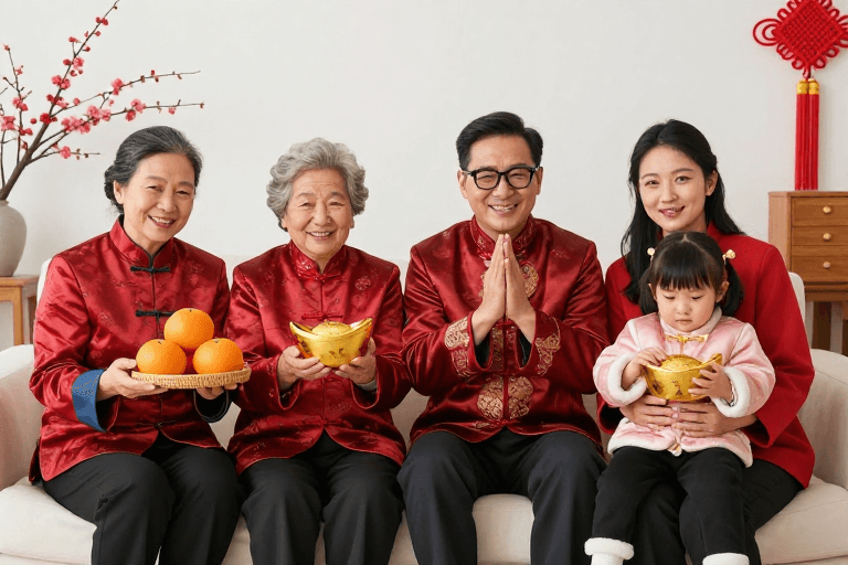 新年装饰素材：阖家团圆：传统春节温馨中式全家福