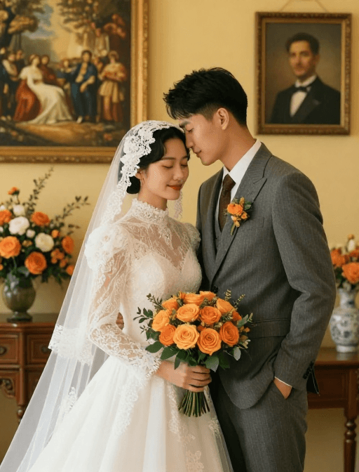 古典背景素材：白纱新郎新娘深情相拥，古典暖光渲染温馨婚礼